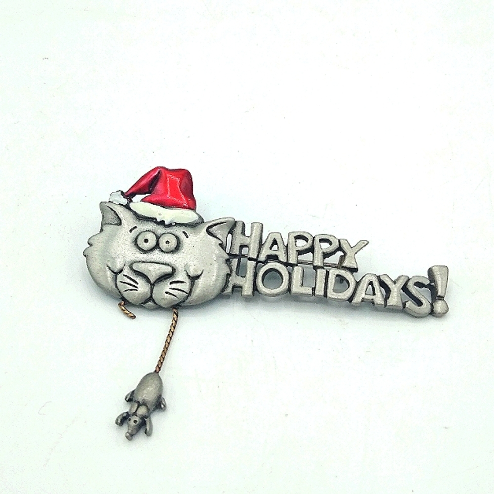 JJ Jonette Vintage Santa Hat Cat Mouse Dangle Brooch Happy Holidays Pin 2.75"